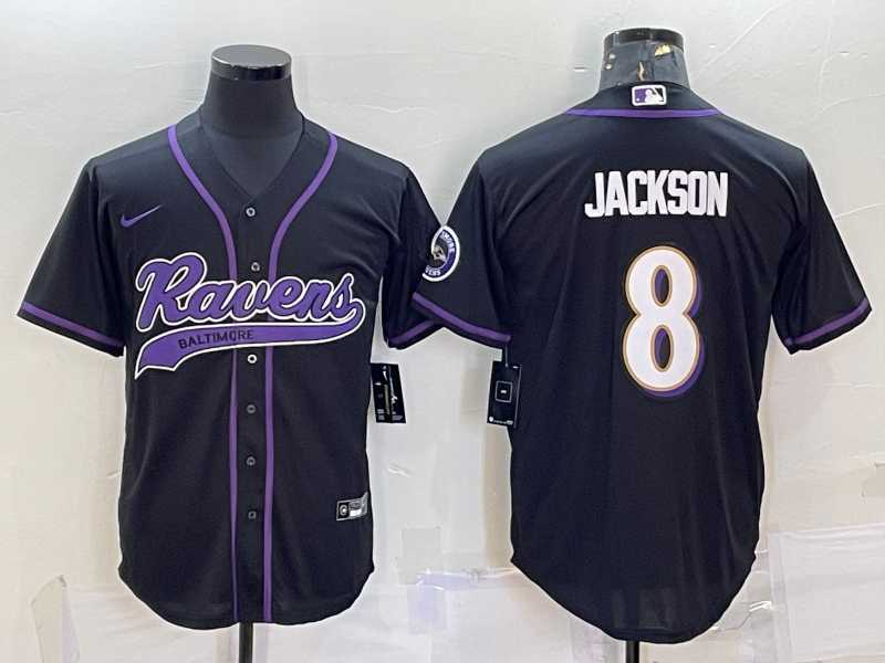 Mens Baltimore Ravens #8 Lamar Jackson Black With Patch Cool Base Stitched Baseball Jersey->baltimore ravens->NFL Jersey